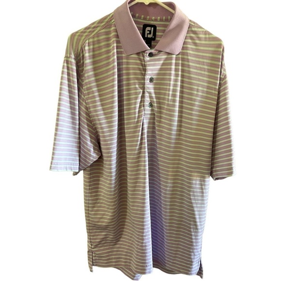 𝅺FOOTJOY MENS PURPLE BLUE WHITE STRIPED GOLF SHIRT W/BUCKHORN SLEEVE DESIGN MED - Picture 1 of 3